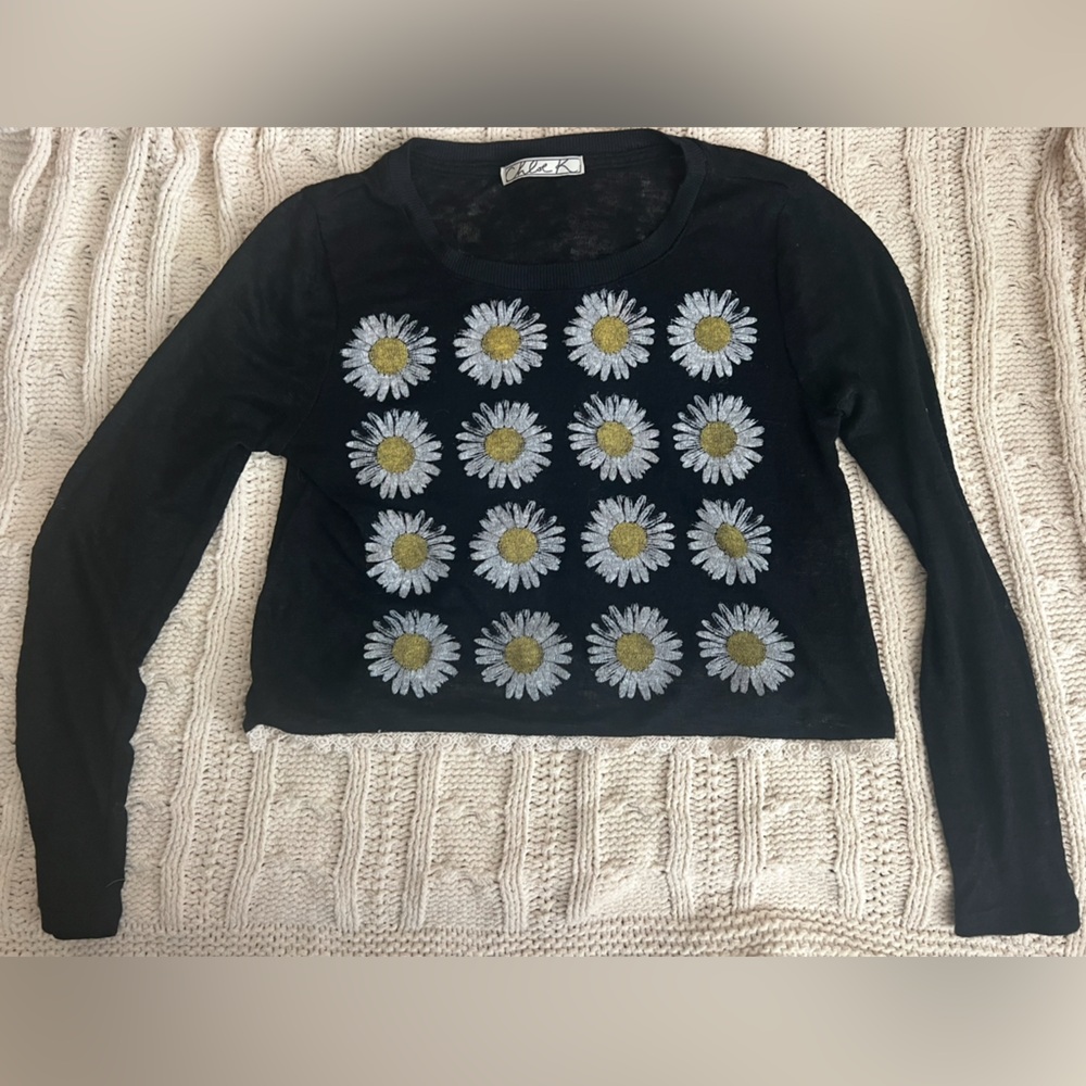 Chloe K Black Sweatshirt with Daisy Embroidery